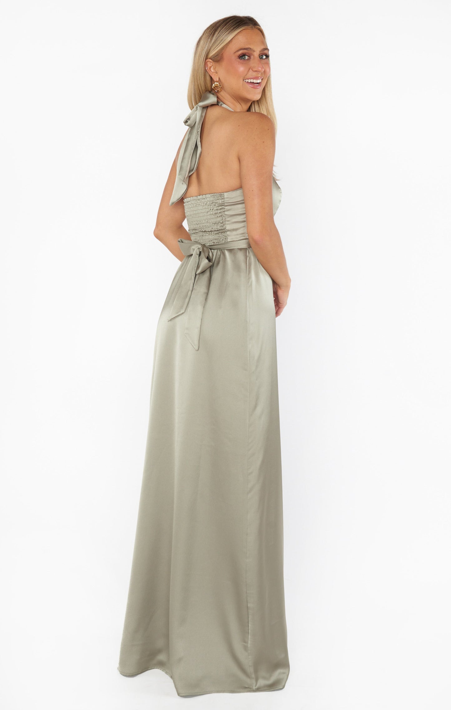 Hazel Halter Maxi Dress ~ Moss Green Luxe Satin