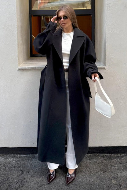 Longline Wool Blend Tie Waist Loose Elegant Overcoat