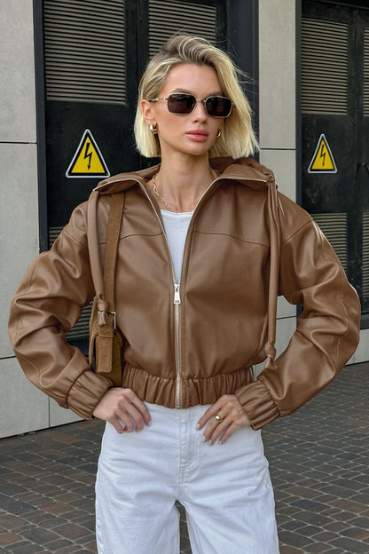 Black Faux Leather Hooded Loose Streetwear Jacket