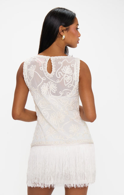 Cyrus Mini Dress ~ White With Fringe