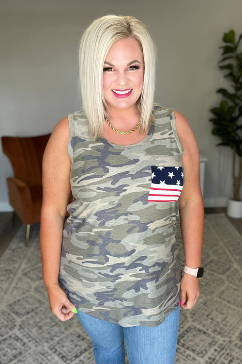 Hazel Blues® |  Camouflage Flag Pocket Tank