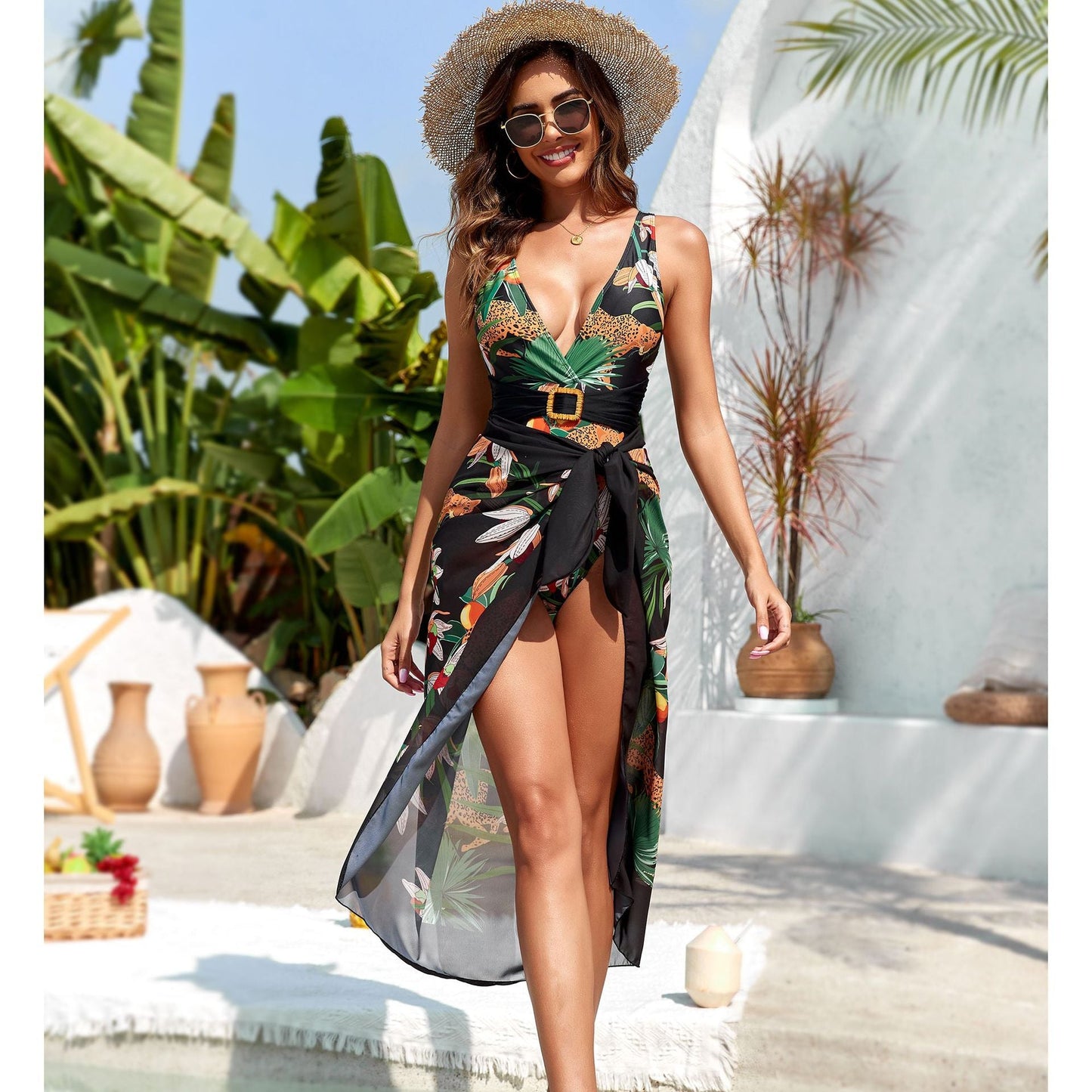 Print Chiffon One-Piece Swimsuit