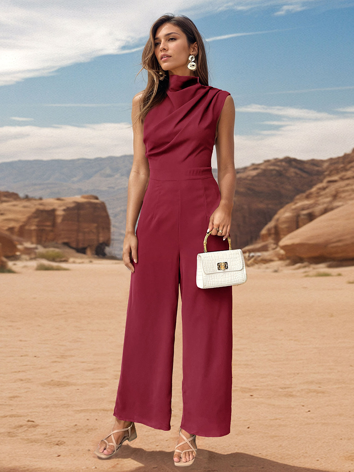 Hazel Blues® |  Ruched Mock Neck Sleeveless Jumpsuit