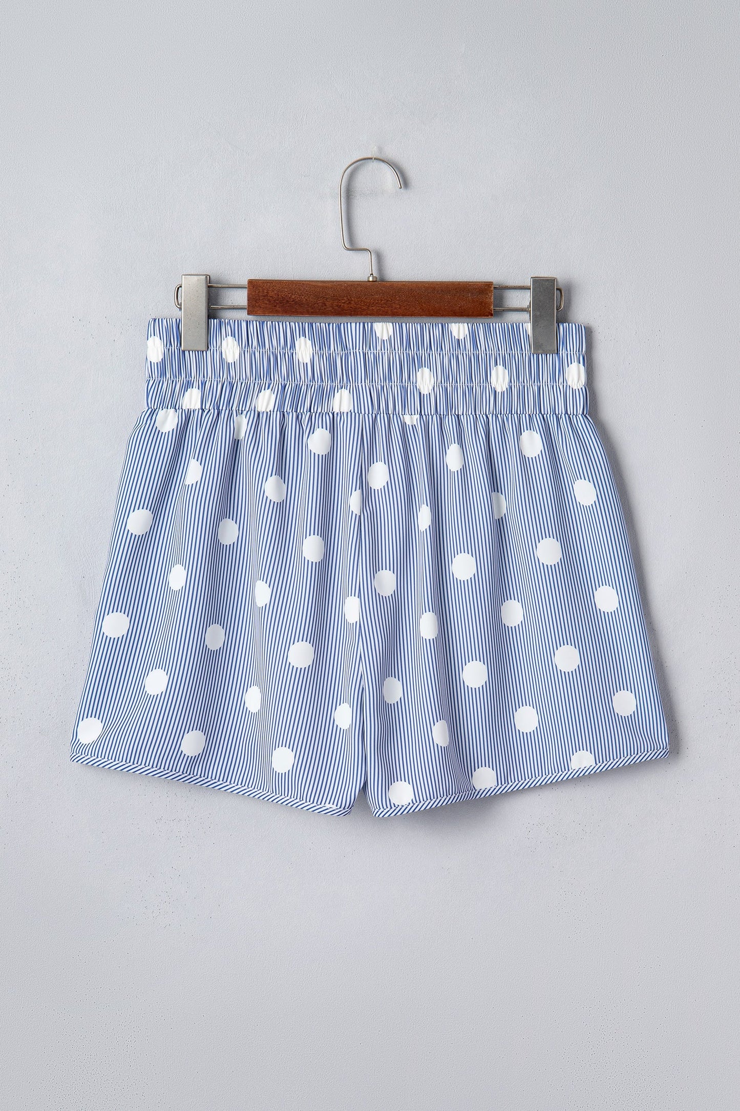 Sky Blue Polka Dot Print Shirred High Waist Casual Shorts