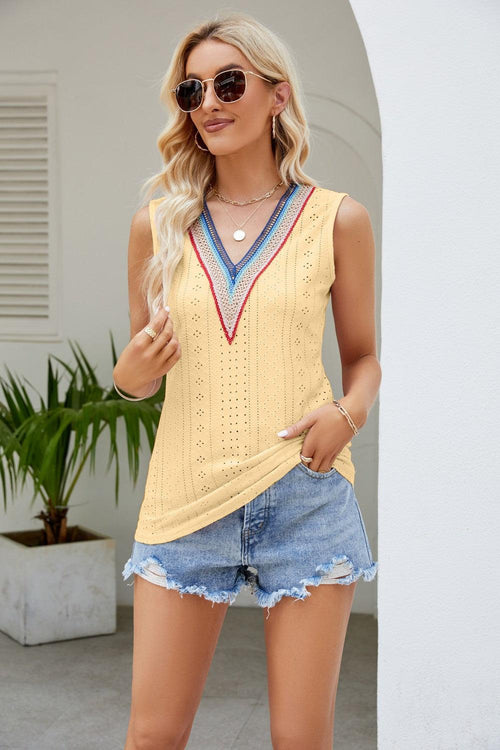 Hazel Blues® |  Contrast V-Neck Eyelet Tank