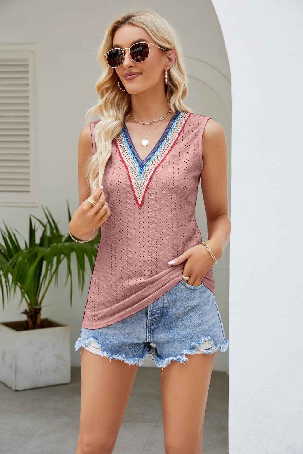 Hazel Blues® |  Contrast V-Neck Eyelet Tank
