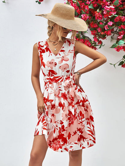 Hazel Blues® |  Floral V-Neck Tie Waist Sleeveless Dress